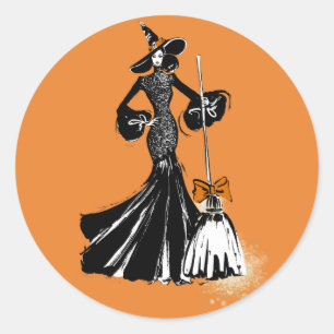halloween fashionillustration with a broom classic round sticker