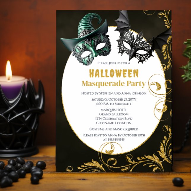 Halloween Faux Glitter Masquerade Costume Party Invitation (Halloween masquerade costume party invitation front.)