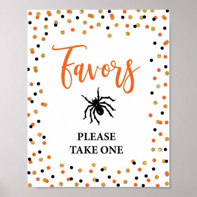 Halloween Favor Party Sign Orange & Black Confetti (Front)