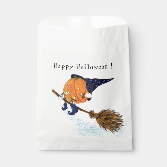 Halloween Favour Bag Witch Pumpkin Flying Broom (Front)
