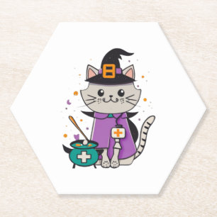 Halloween Feline Hero One Spooky Nurse Cat Paper Coaster
