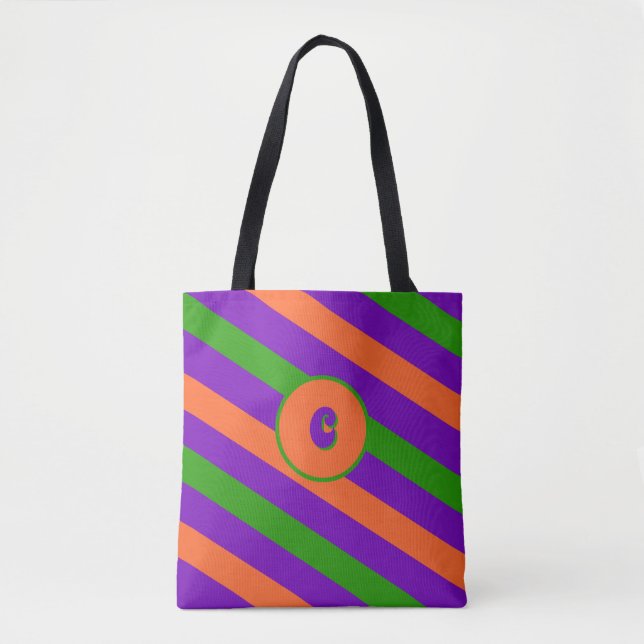 Halloween Festive Striped Custom Monogram Tote Bag (Front)