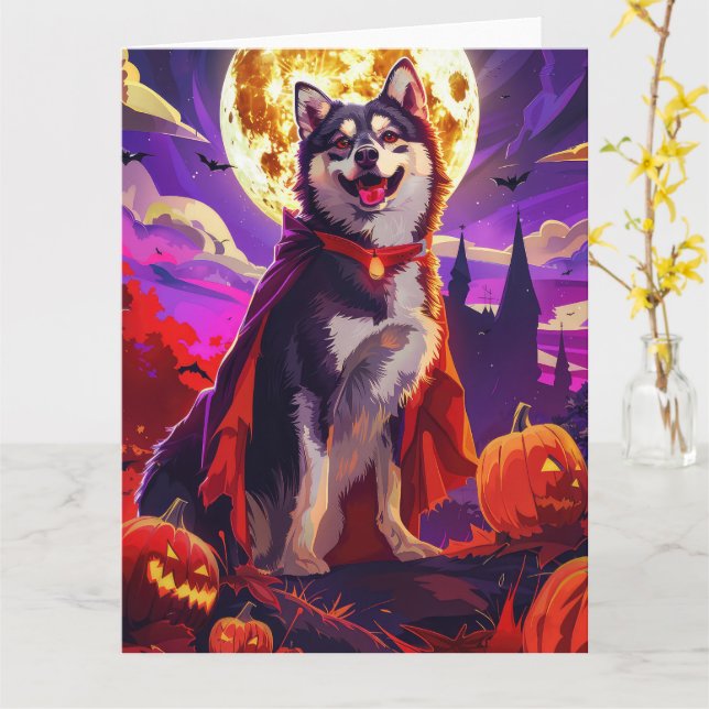 Halloween Finnish Lapphund Vampire Pumpkins Scary Card (Yellow Flower)
