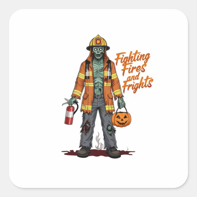 Halloween Firefighter Fighting Fires and Frights Square Sticker (Front)