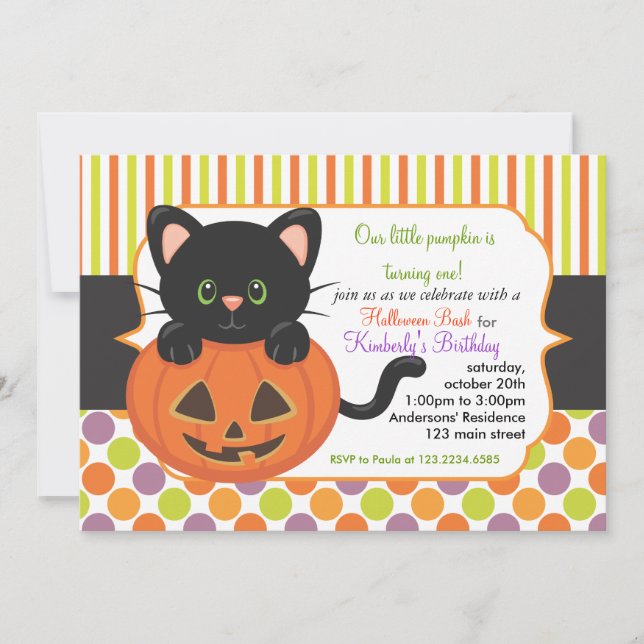 Halloween First Birthday Party Cute Pumpkin Cat Invitation (Front)