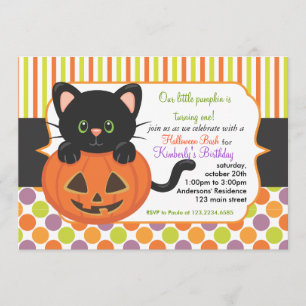 Halloween First Birthday Party Cute Pumpkin Cat Invitation