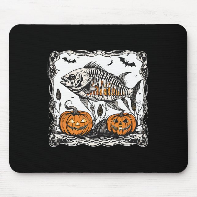 Halloween Fish Skeleton Funny Spooky Fish Bone Gra Mouse Mat (Front)