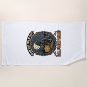 Halloween Fishing Cat Vintage Pumpkin Design_1 Beach Towel