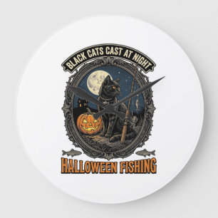 Halloween Fishing Cat Vintage Pumpkin Design_1 Large Clock