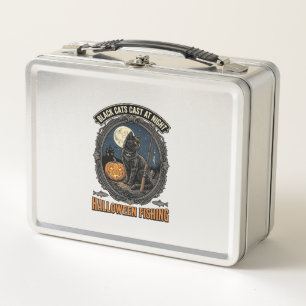 Halloween Fishing Cat Vintage Pumpkin Design_1 Metal Lunch Box
