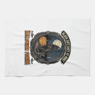 Halloween Fishing Cat Vintage Pumpkin Design_1 Tea Towel