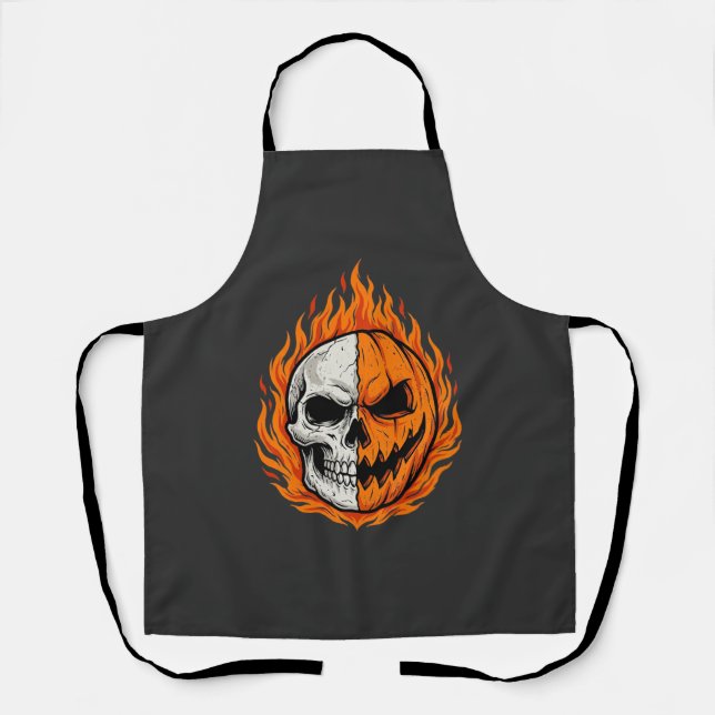 Halloween Flaming Skull Pumpkin Split Face Design Apron (Front)