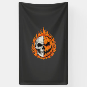 Halloween Flaming Skull Pumpkin Split Face Design Banner