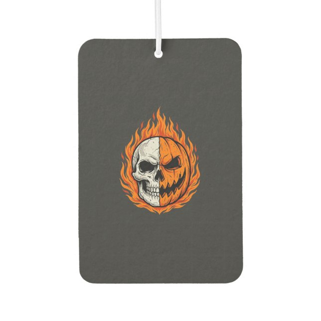Halloween Flaming Skull Pumpkin Split Face Design Car Air Freshener (Front)