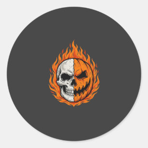 Halloween Flaming Skull Pumpkin Split Face Design Classic Round Sticker