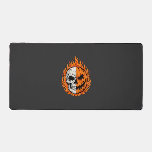 Halloween Flaming Skull Pumpkin Split Face Design Desk Mat (Front)