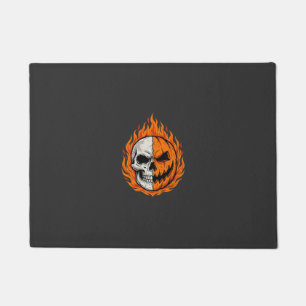 Halloween Flaming Skull Pumpkin Split Face Design Doormat
