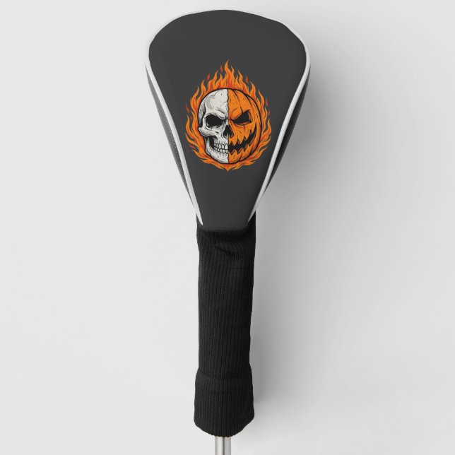 Halloween Flaming Skull Pumpkin Split Face Design Golf Head Cover (Front)