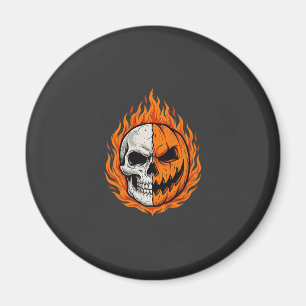 Halloween Flaming Skull Pumpkin Split Face Design Magnet