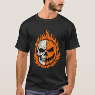 Halloween Flaming Skull Pumpkin Split Face Design T-Shirt
