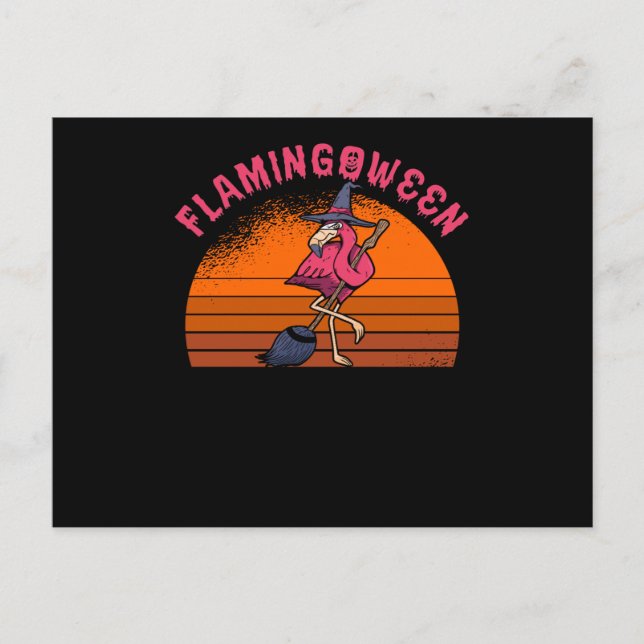 Halloween Flamingo Flamingoween Witch Broom Retro Postcard (Front)