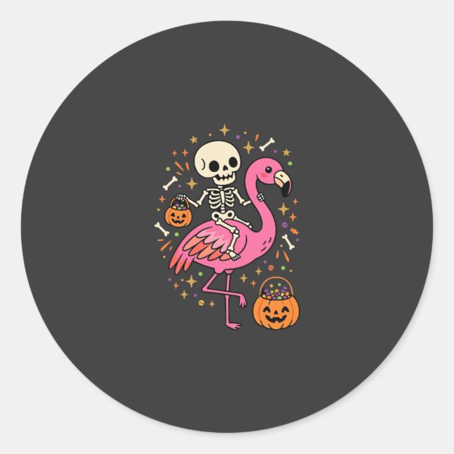 Halloween Flamingo Skeleton Candy Bucket Vector De Classic Round Sticker (Front)