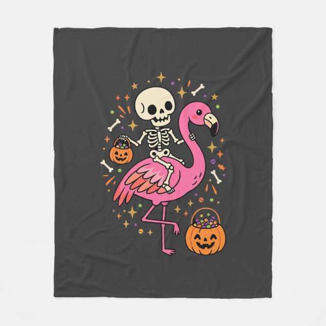 Halloween Flamingo Skeleton Candy Bucket Vector De Fleece Blanket (Front)