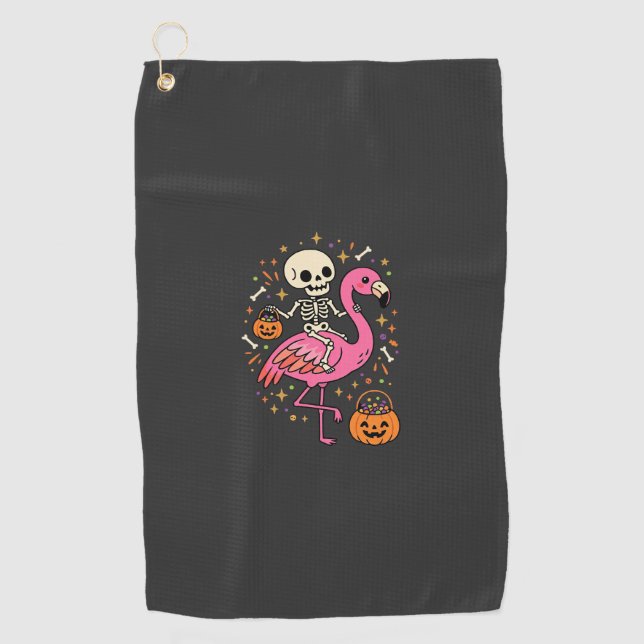 Halloween Flamingo Skeleton Candy Bucket Vector De Golf Towel (Front)