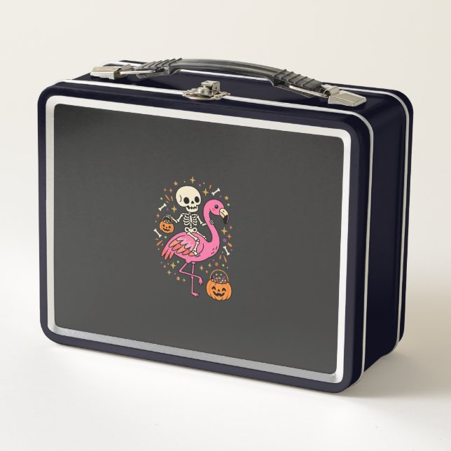 Halloween Flamingo Skeleton Candy Bucket Vector De Metal Lunch Box (Front)