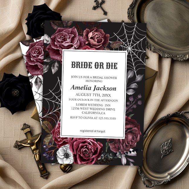 Halloween floral gothic bride or die bridal shower invitation (Creator Uploaded)