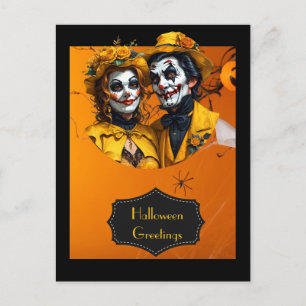 Halloween floral hat and make-up caricature couple postcard