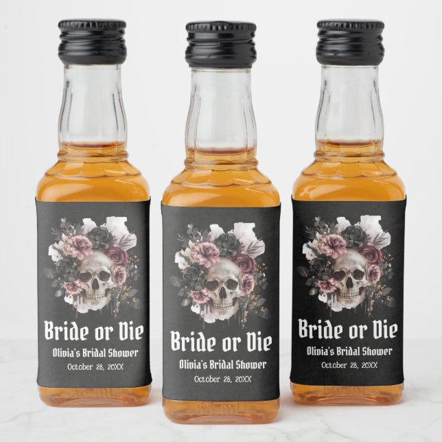Halloween Floral Skull Bride or Die Bridal Shower Liquor Bottle Label (Bottles)