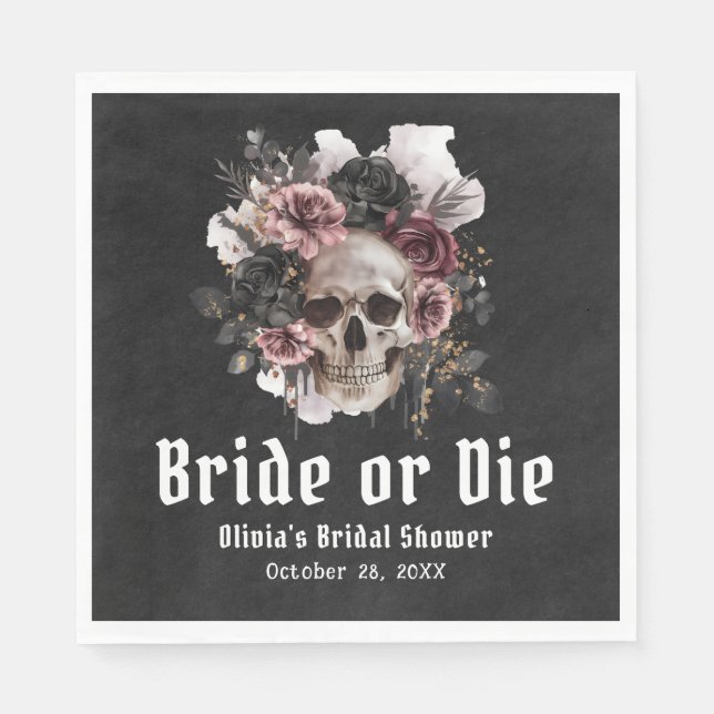 Halloween Floral Skull Bride or Die Bridal Shower Napkin (Front)