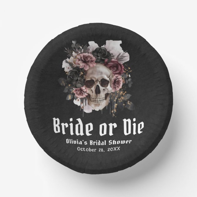 Halloween Floral Skull Bride or Die Bridal Shower Paper Plate (Front)