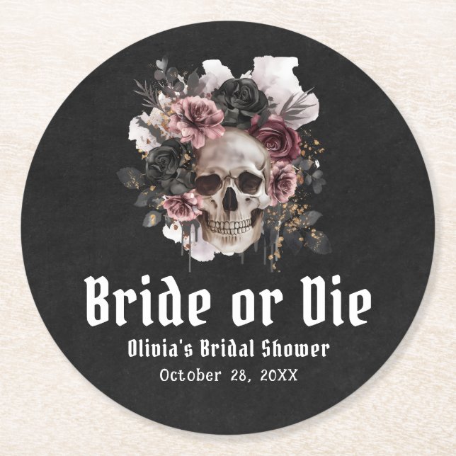 Halloween Floral Skull Bride or Die Bridal Shower Round Paper Coaster (Front)