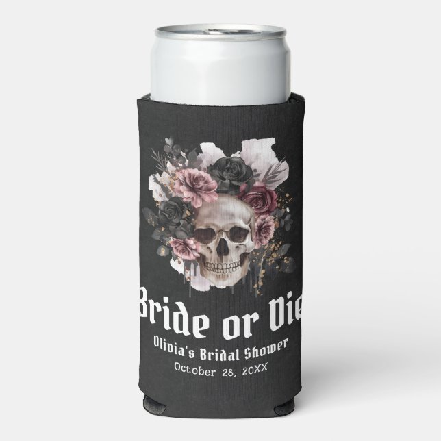 Halloween Floral Skull Bride or Die Bridal Shower Seltzer Can Cooler (Seltzer Front)