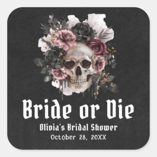 Halloween Floral Skull Bride or Die Bridal Shower Square Sticker