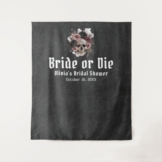 Halloween Floral Skull Bride or Die Bridal Shower Tapestry (Front)