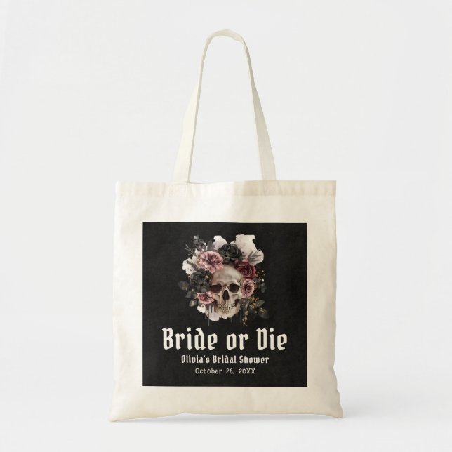 Halloween Floral Skull Bride or Die Bridal Shower Tote Bag (Front)