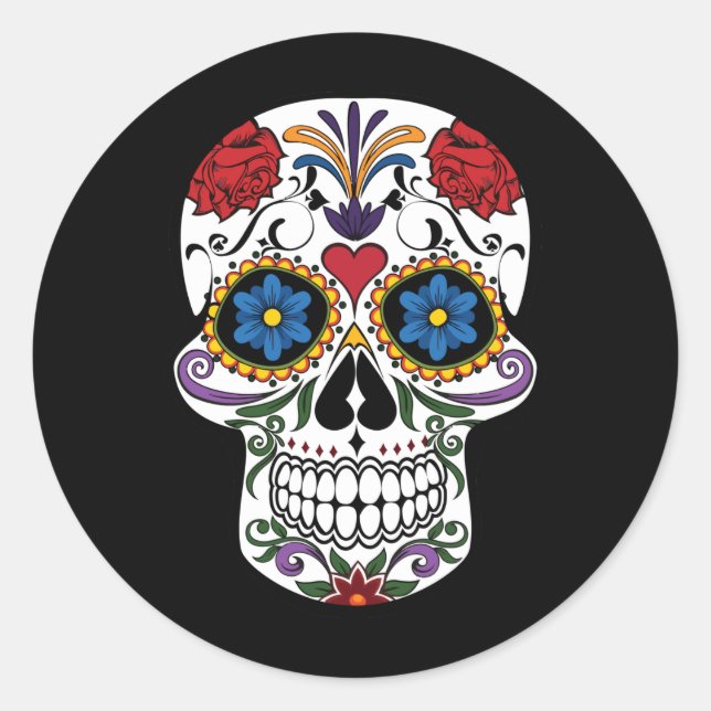 Halloween Floral Sugar Skull Classic Round Sticker (Front)