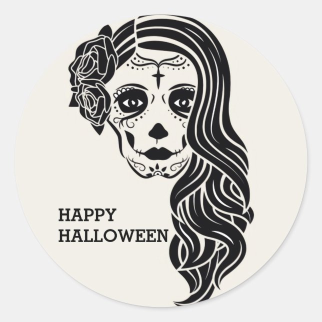 Halloween Floral Sugar Skull Classic Round Sticker (Front)