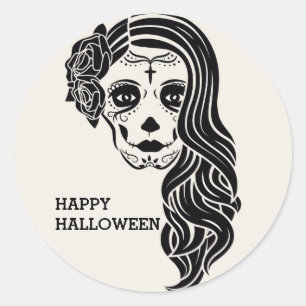 Halloween Floral Sugar Skull Classic Round Sticker