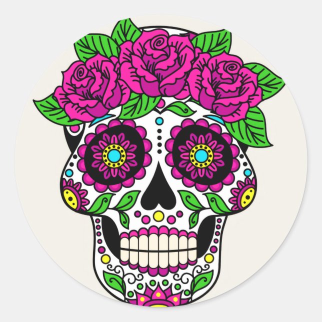 Halloween Floral Sugar Skull Classic Round Sticker (Front)