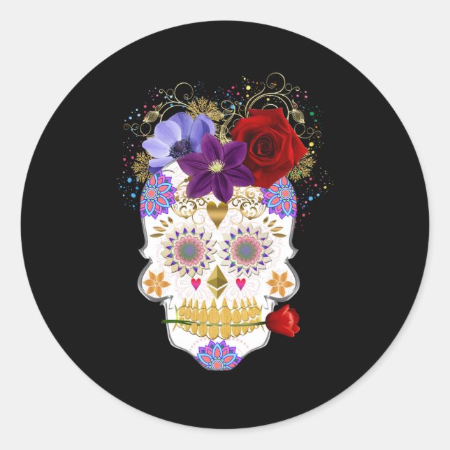 Halloween Floral Sugar Skull Classic Round Sticker (Front)