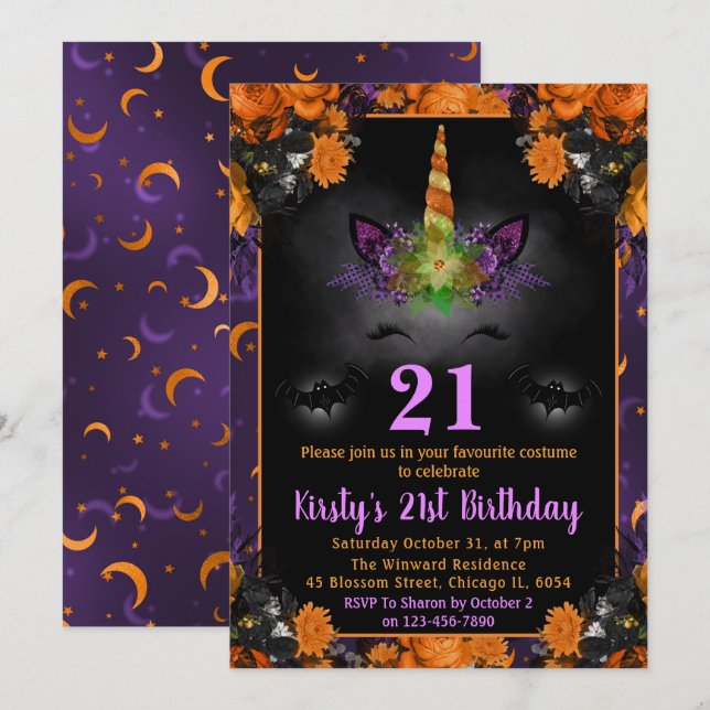 Halloween Floral Unicorn Face 21st Birthday Invitation (Front/Back)