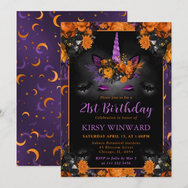 Halloween Floral Unicorn Face Birthday Invitation (Front/Back)