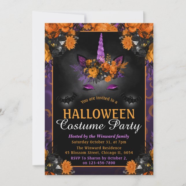 Halloween Floral Unicorn Face Costume Party Invitation (Front)