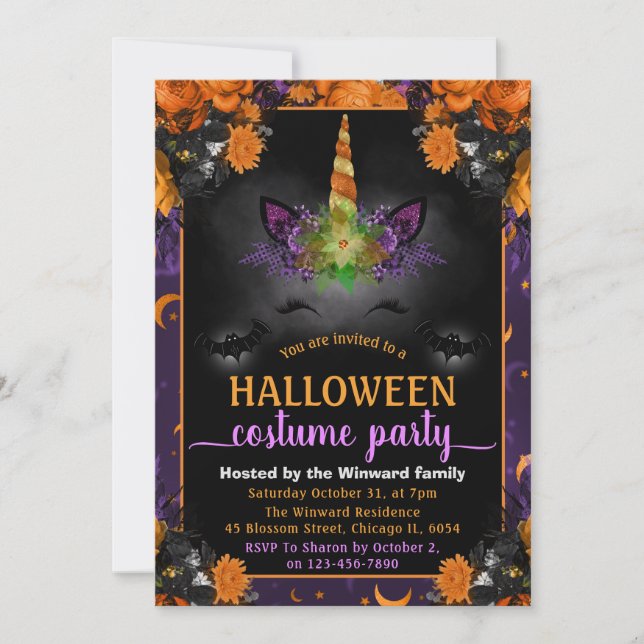 Halloween Floral Unicorn Face Costume Party Invitation (Front)