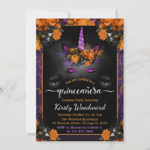 Halloween Floral Unicorn Face Fall Quinceanera Invitation