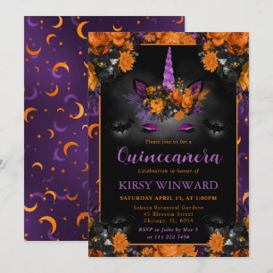 Halloween Floral Unicorn Face Quinceanera Invitation